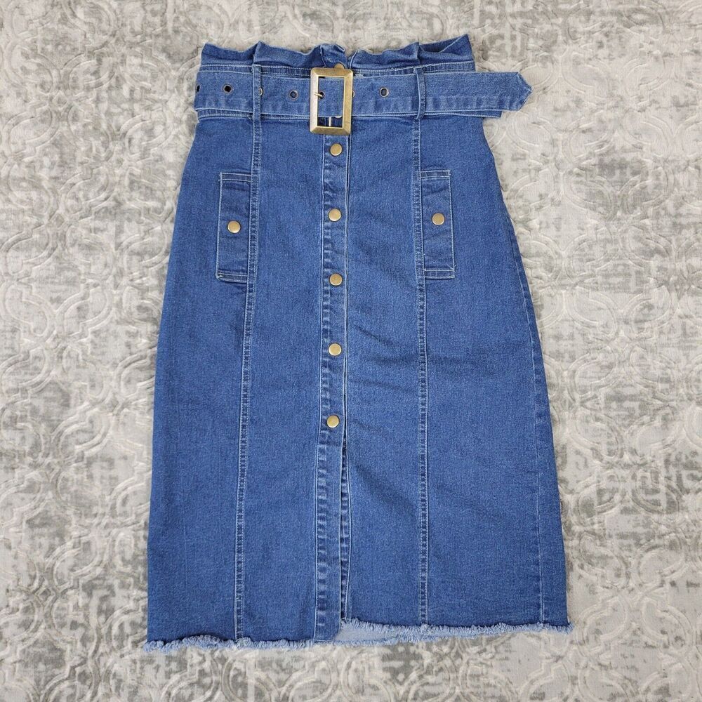 Machine Jeans Skirt Womens Medium Blue Denim Belted Snap Front Long Length